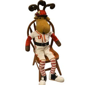 Baseball Reindeer Figurine with Wooden Doll Chair Christmas Sports Decor 15 Inch